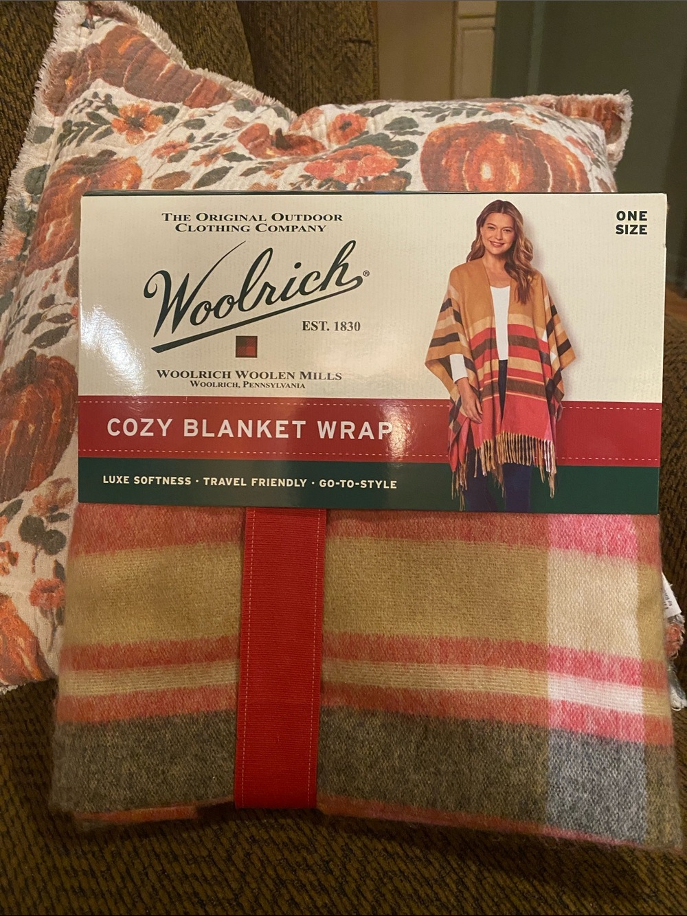NWOT Woolrich Striped Blanket Wrap in Red, Pink, Tan, Gray, Cream OS